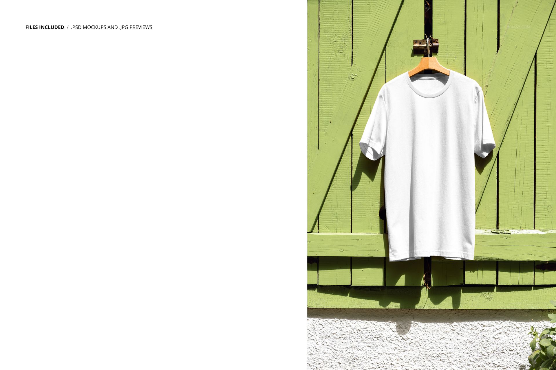 PSD mockup of a white short-sleeve t-shirt hanging on green window shutters with sunlight and shadow detail.