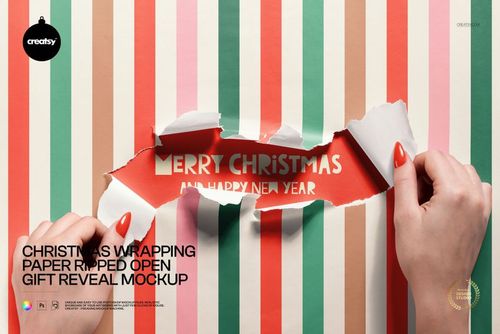 Hands tearing striped Christmas wrapping paper to reveal a festive red background with text, shown in a PSD mockup.