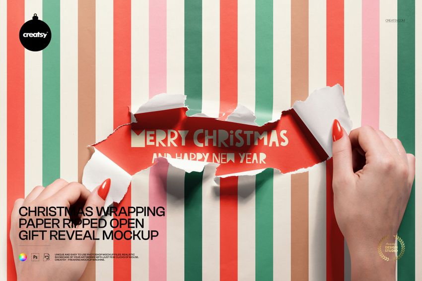 Hands tearing striped Christmas wrapping paper to reveal a festive red background with text, shown in a PSD mockup.