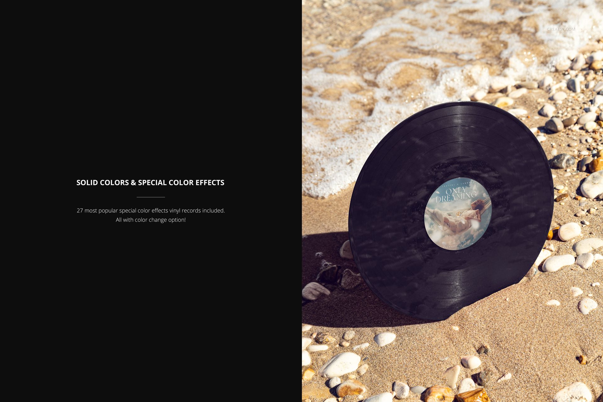 Music vinyl disc mockup placed on sunlit sand, seashells scattered around, and foamy sea water in the background.