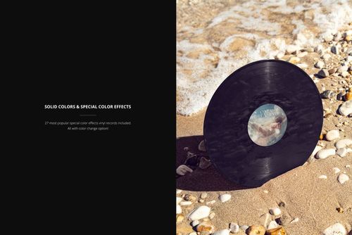 Music vinyl disc mockup placed on sunlit sand, seashells scattered around, and foamy sea water in the background.