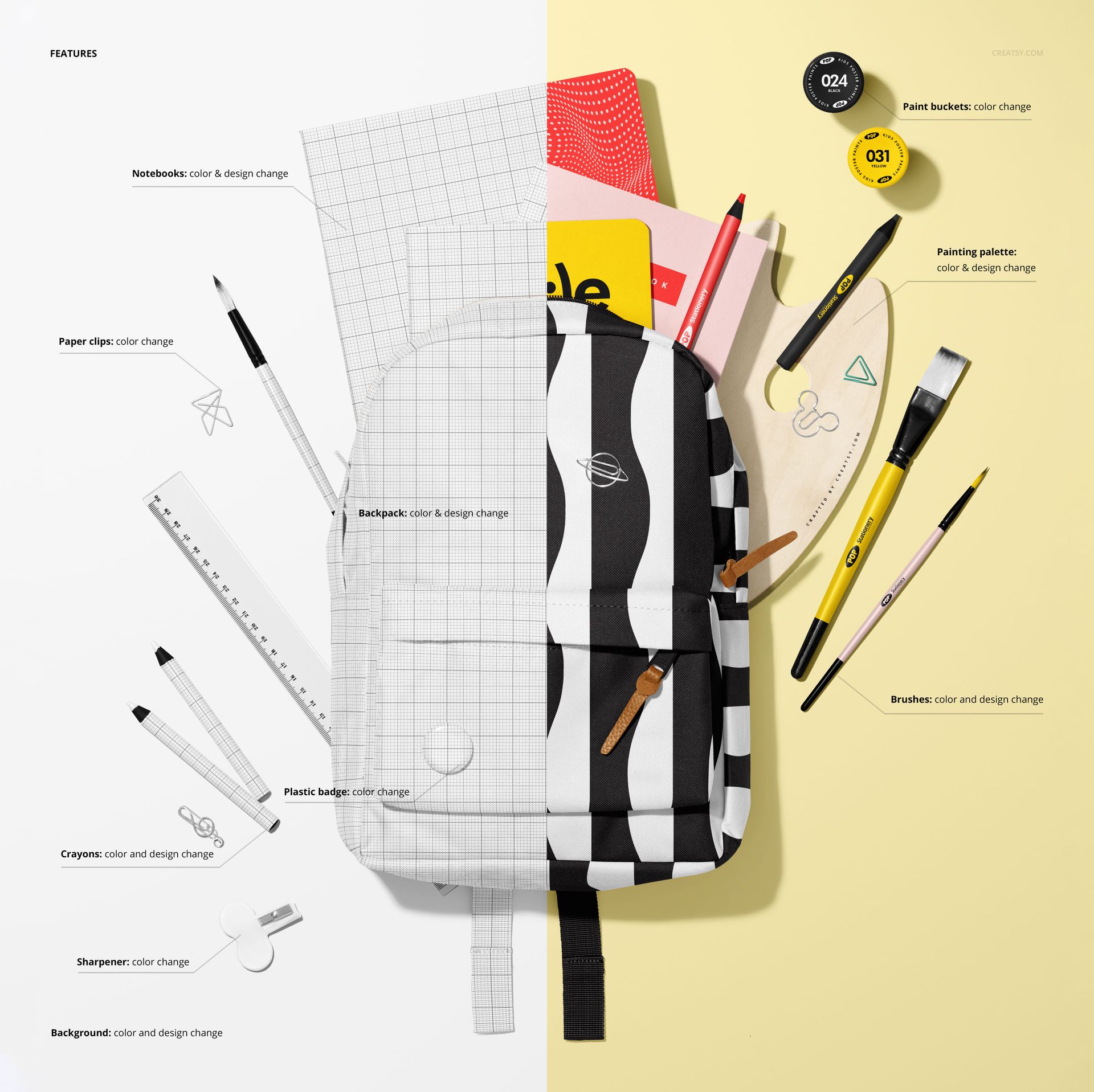 Backpack with school supplies mockup showing a split view of grayscale grid and colorful stationery items from top perspective.
