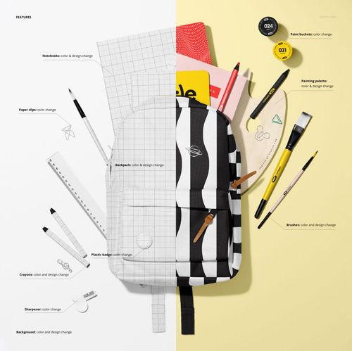 Backpack with school supplies mockup showing a split view of grayscale grid and colorful stationery items from top perspective.