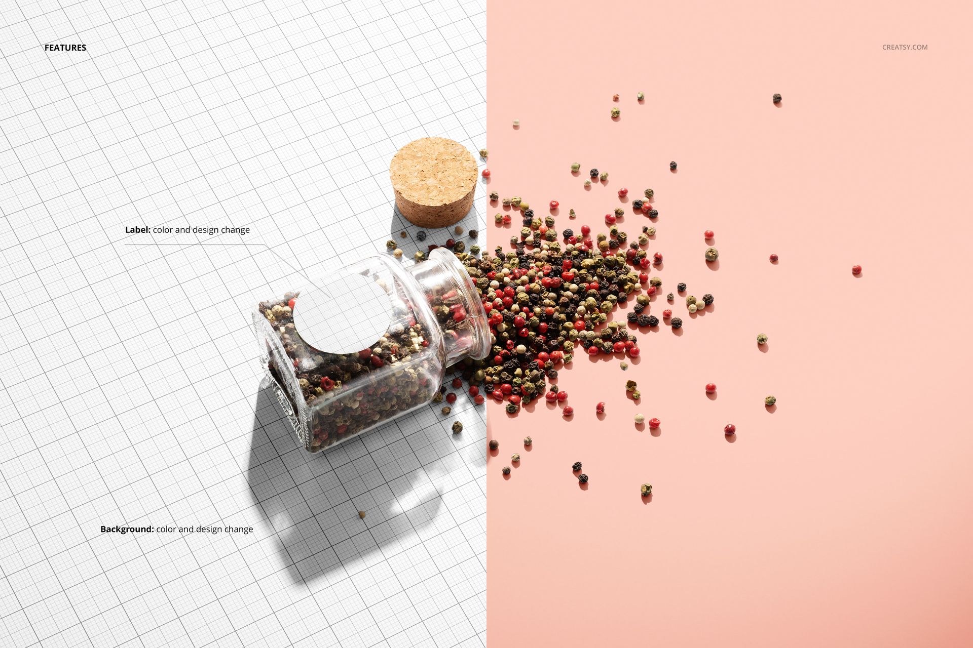 Mockup of a transparent pepper jar with cork lid, peppercorns spread across a divided grid and pastel background.