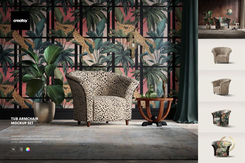 Front view of a tub armchair mockup featuring a beige and black spotted design, set against a tropical wallpaper.