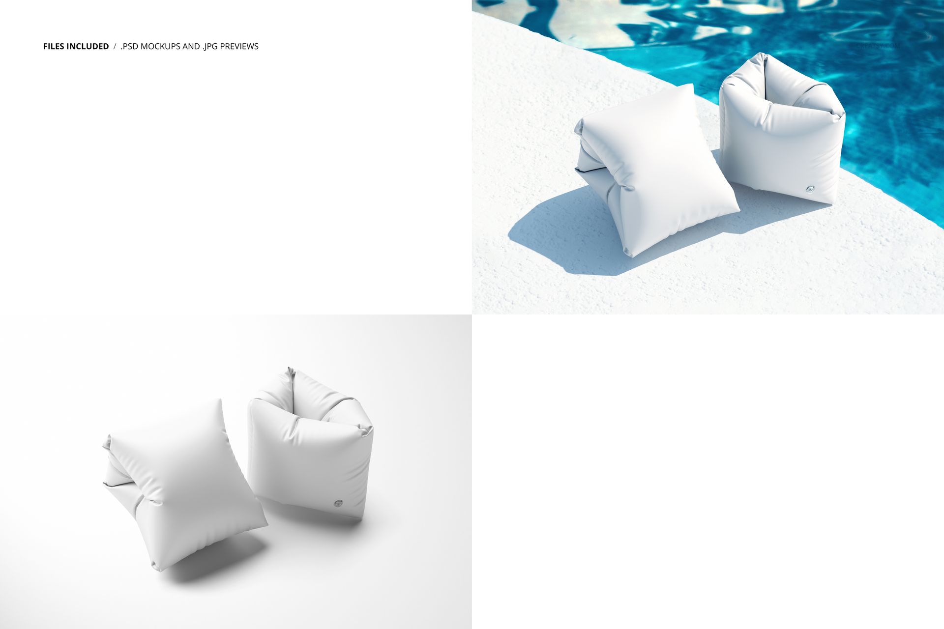 Two white inflatable swimming sleeves mockup displayed on a bright pool deck next to shimmering blue water.