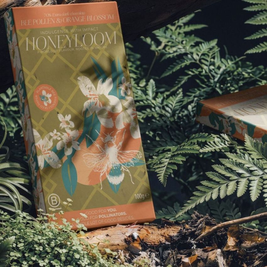 Chocolate box mockup featuring a botanical design with bee and floral motifs, placed among green ferns and branches in a forest setting.