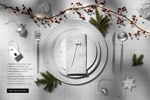 Christmas table setting mockup with patterned plates, silver cutlery, napkin, pine branches, and festive berries.