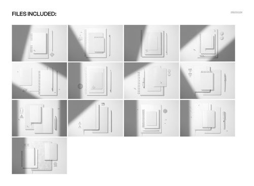 Top view of a stationery set mockup bundle with various paper items, notebooks, and pens arranged in grid layout.