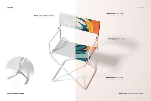 Folding directors chair mockup with half plain grid pattern and half colorful abstract design, front angle view.