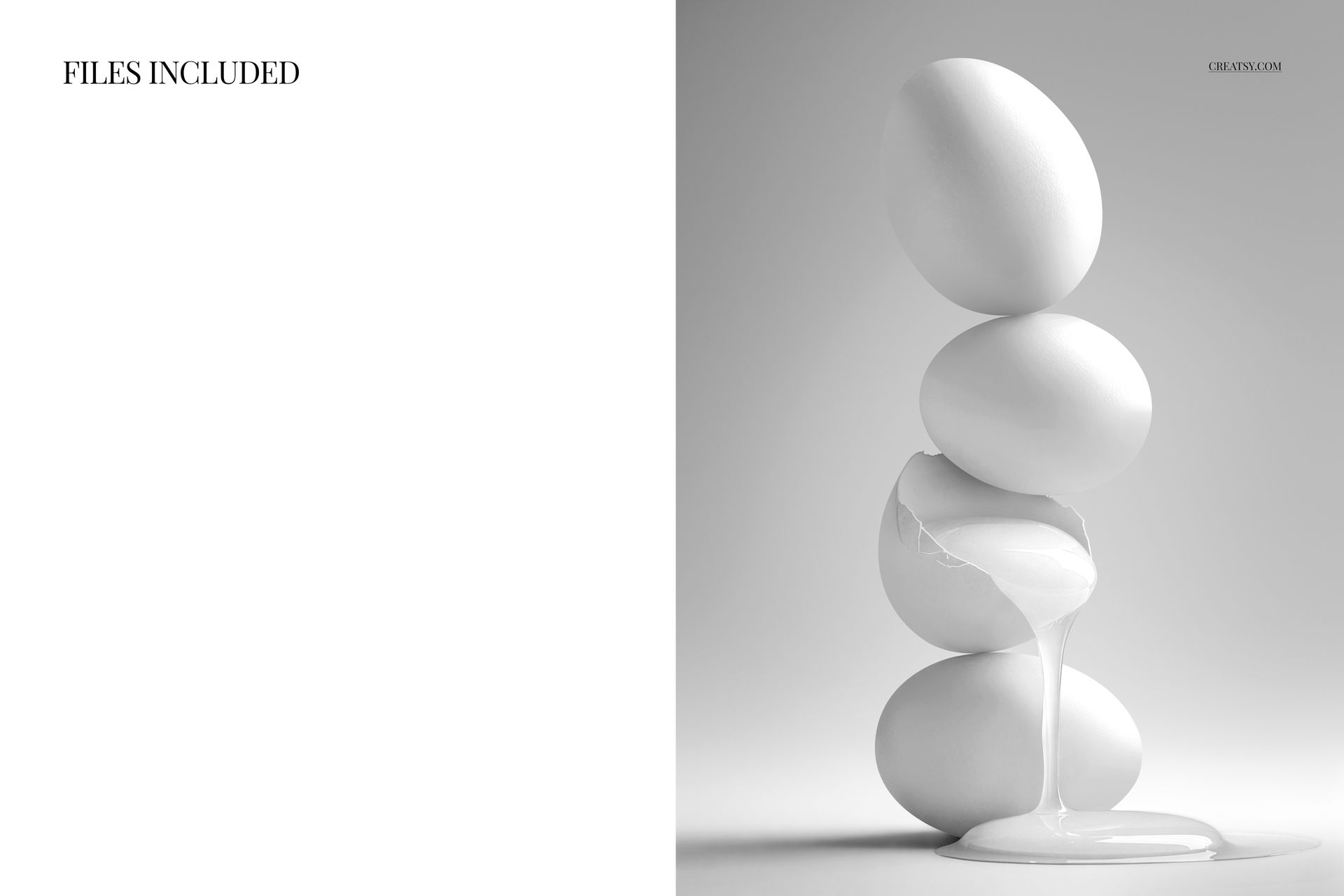 Stacked white Easter eggs with yolk dripping from a cracked egg, shown in a minimalist mockup on a gray background.