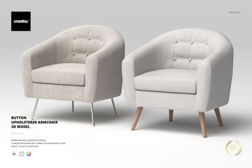 Front view of two button upholstered armchairs in light beige fabric, featuring curved backs and wooden legs on a plain background.