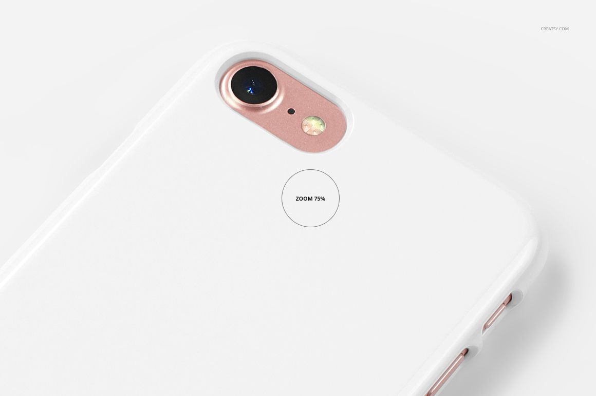 Detailed mockup of an iPhone 7 with a plain white plastic case, focusing on the camera area and upper edge.
