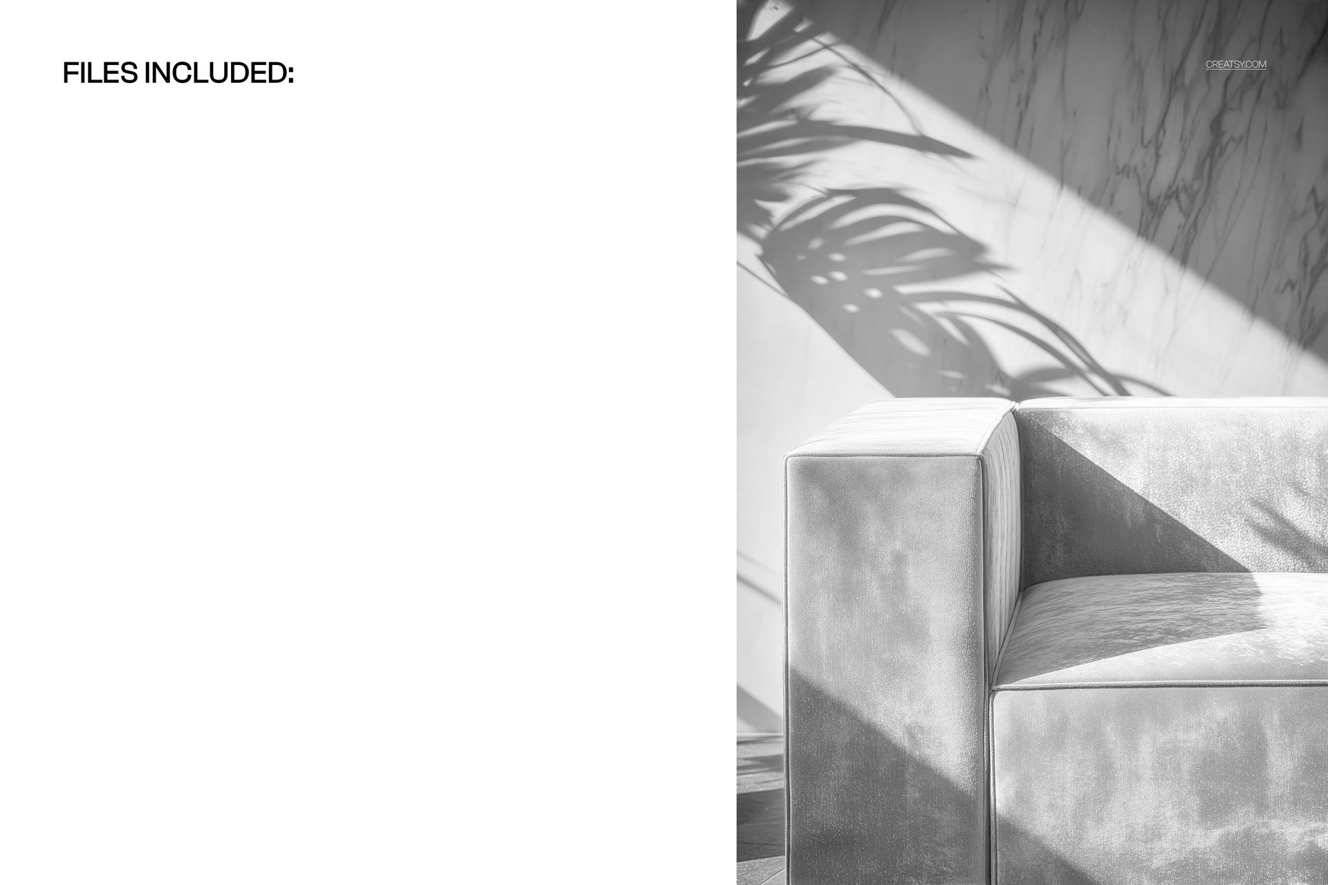 Velvet sofa mockup featuring a detailed armrest, sunlight casting leaf shadows across the marble background.
