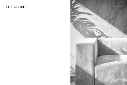Velvet sofa mockup featuring a detailed armrest, sunlight casting leaf shadows across the marble background.