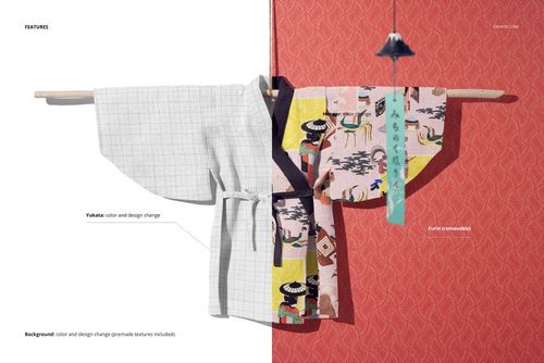 Kids yukata mockup displayed on a wooden rod, left side in white grid pattern, right side in colorful print.