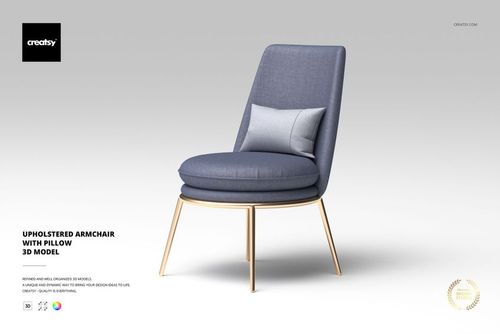 Modern upholstered armchair with a rounded seat and backrest, featuring a small pillow, shown in front view.