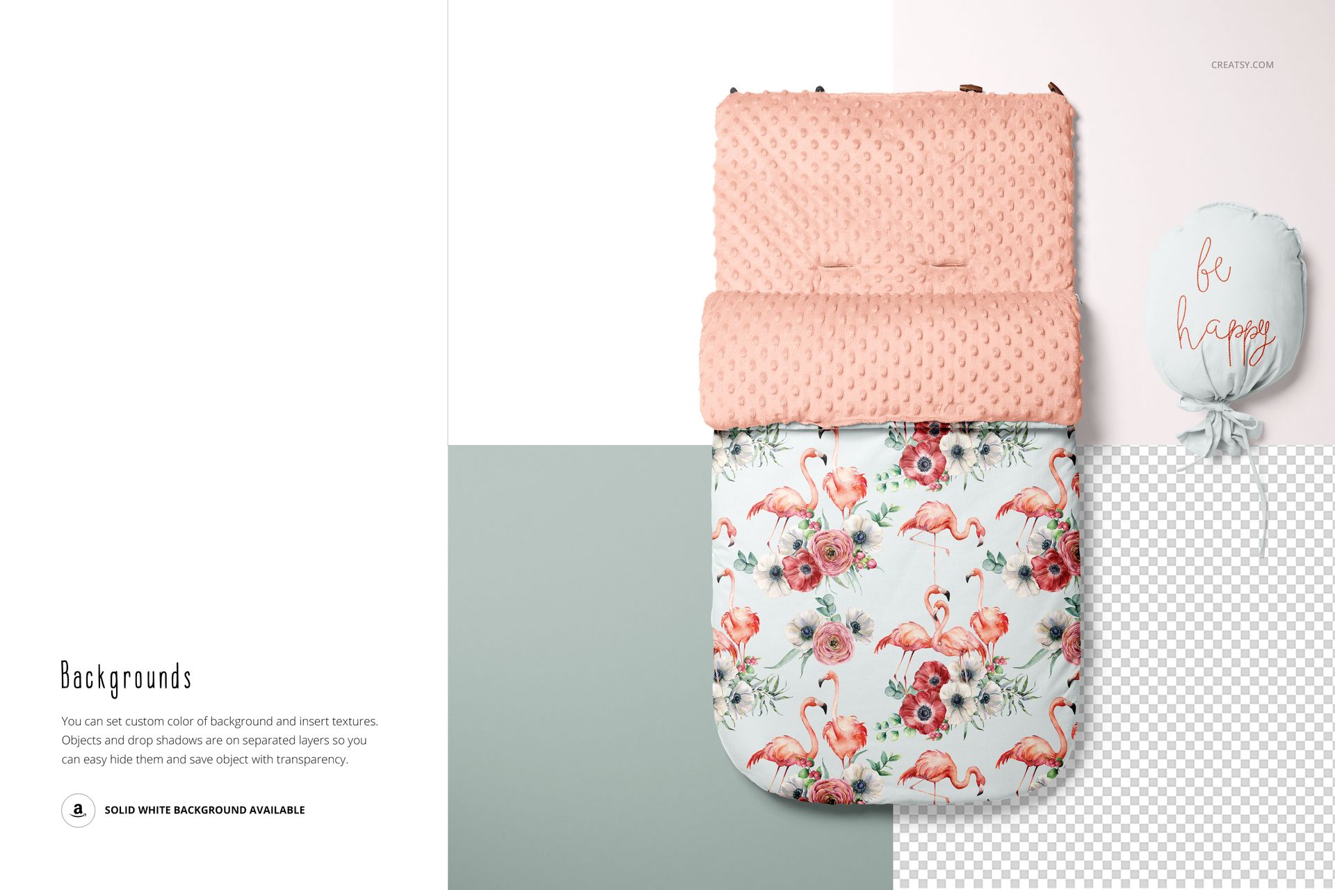 Front view of a baby sleeping bag mockup with a pink textured top and flamingo floral pattern, styled on a split background.