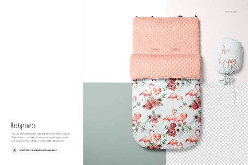 Front view of a baby sleeping bag mockup with a pink textured top and flamingo floral pattern, styled on a split background.
