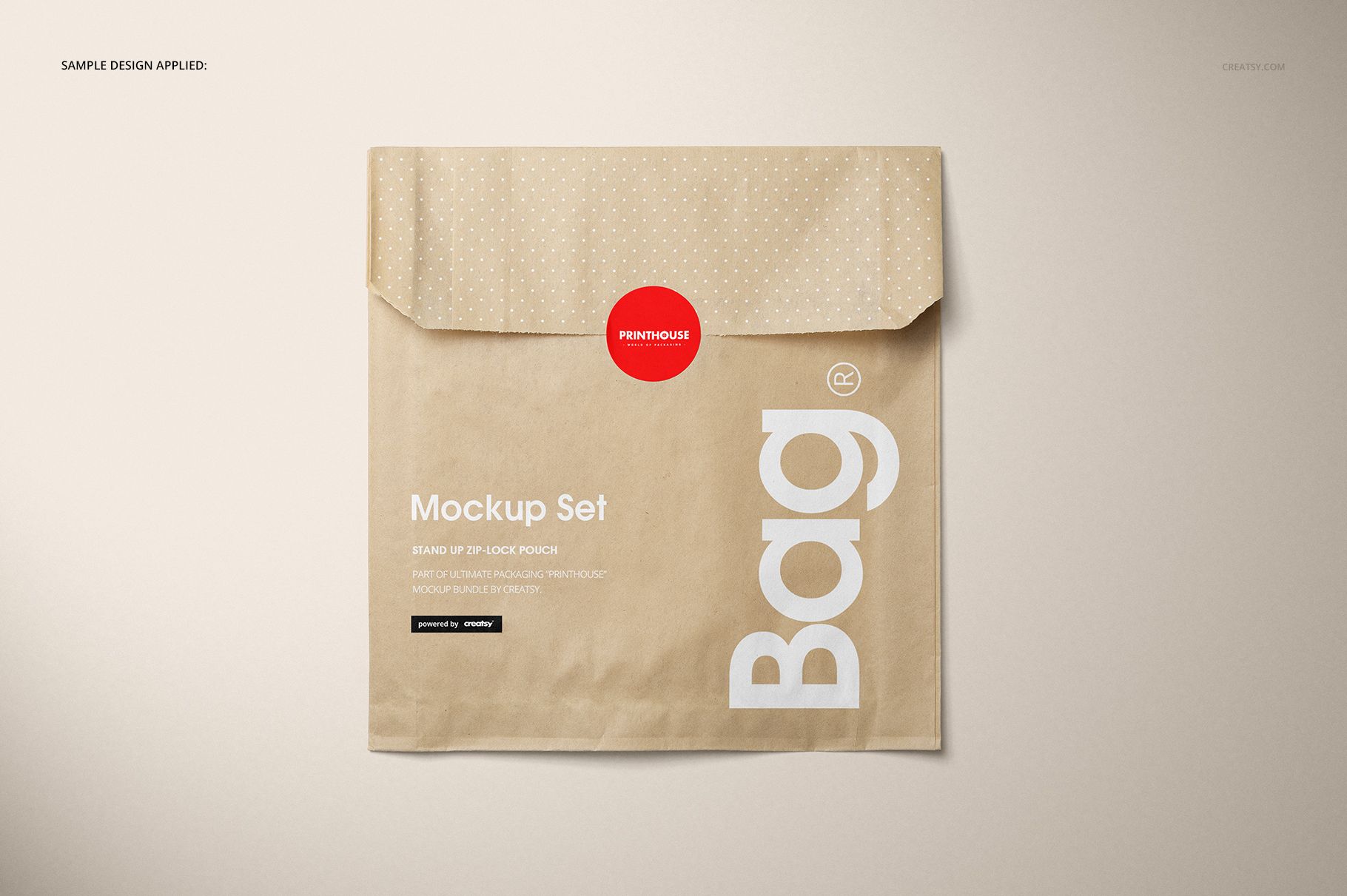 Kraft paper snack bag mockup shown from above, featuring a folded top, dotted pattern, and red sticker seal.