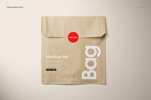 Kraft paper snack bag mockup shown from above, featuring a folded top, dotted pattern, and red sticker seal.