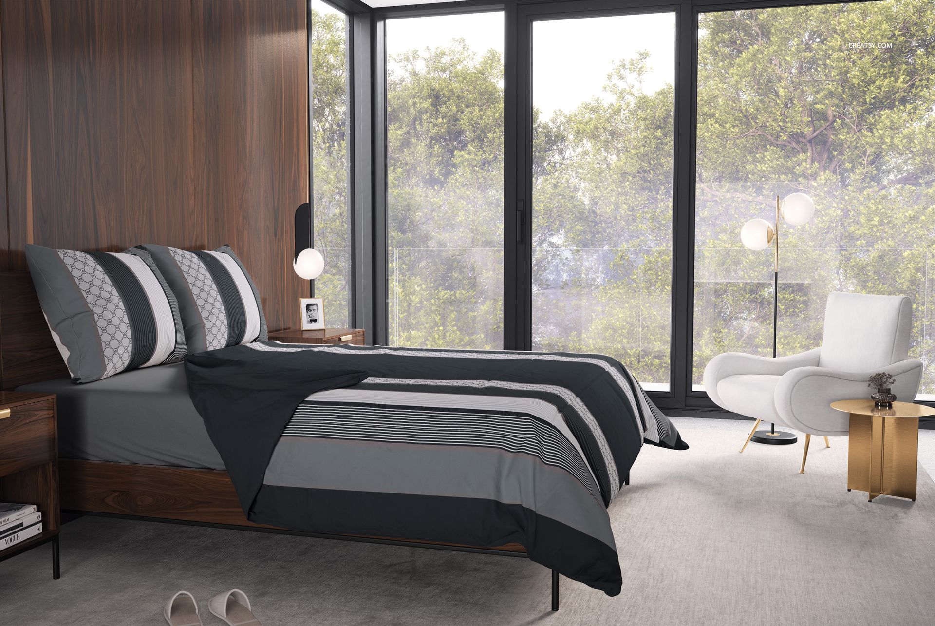 PSD mockup of a stylish bedroom scene showing a gray striped bedding set, armchair, and floor lamp near tall windows.