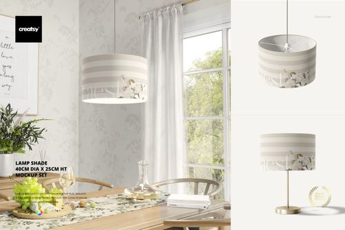 PSD mockup of a round lamp shade featuring soft beige stripes and delicate floral patterns, shown on a table lamp.