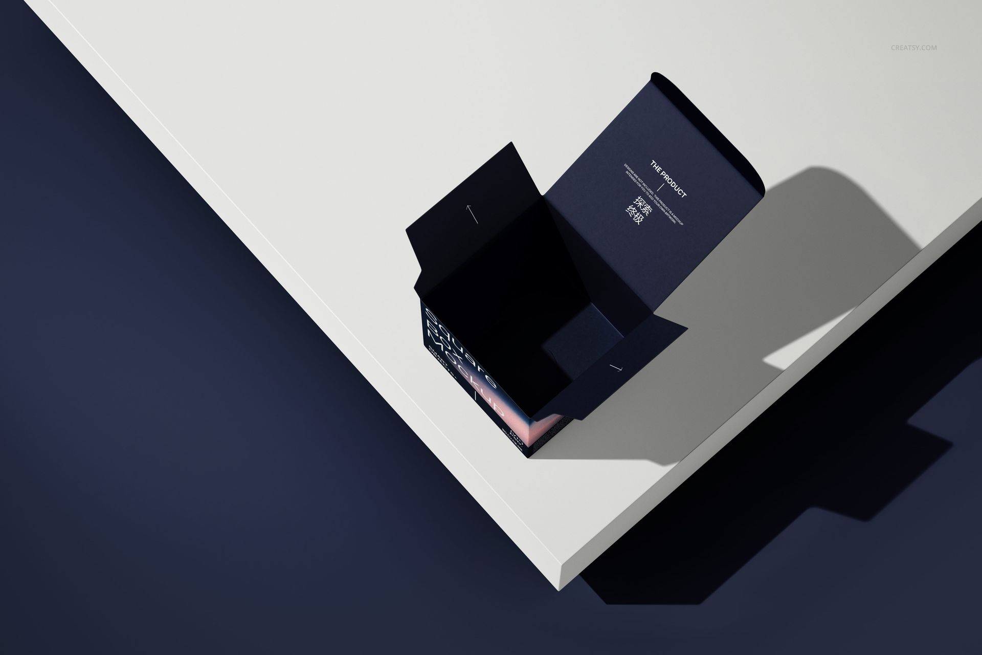Square packaging box mockup displayed in an isometric view with open flaps, featuring dark blue and white colors.