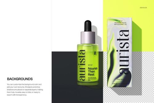 Dropper bottle and front-facing carton mockup in green tones, shown with shadows on a light and transparent background.