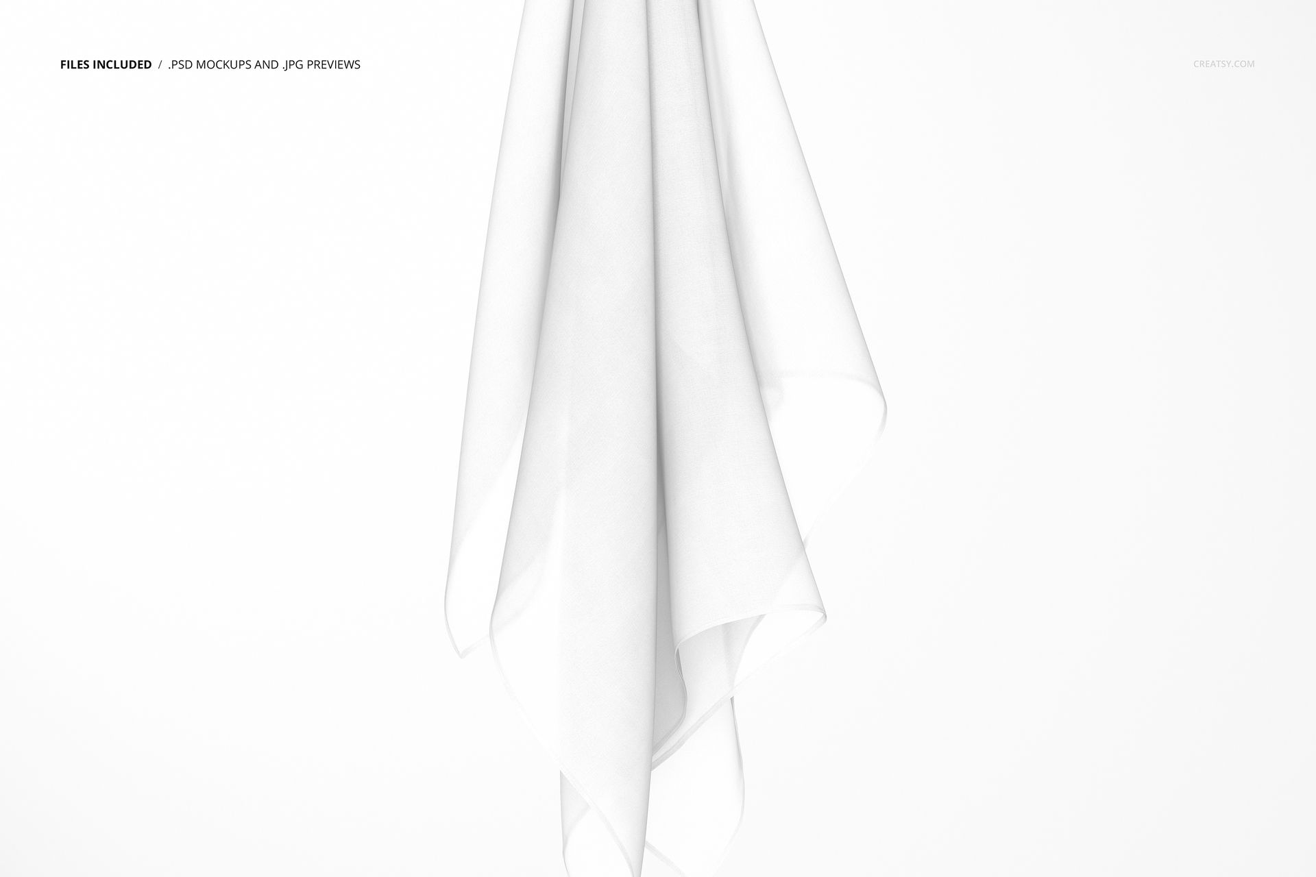 PSD mockup of a hanging chiffon silk scarf, displayed with gentle draping and subtle shadows on a white backdrop.