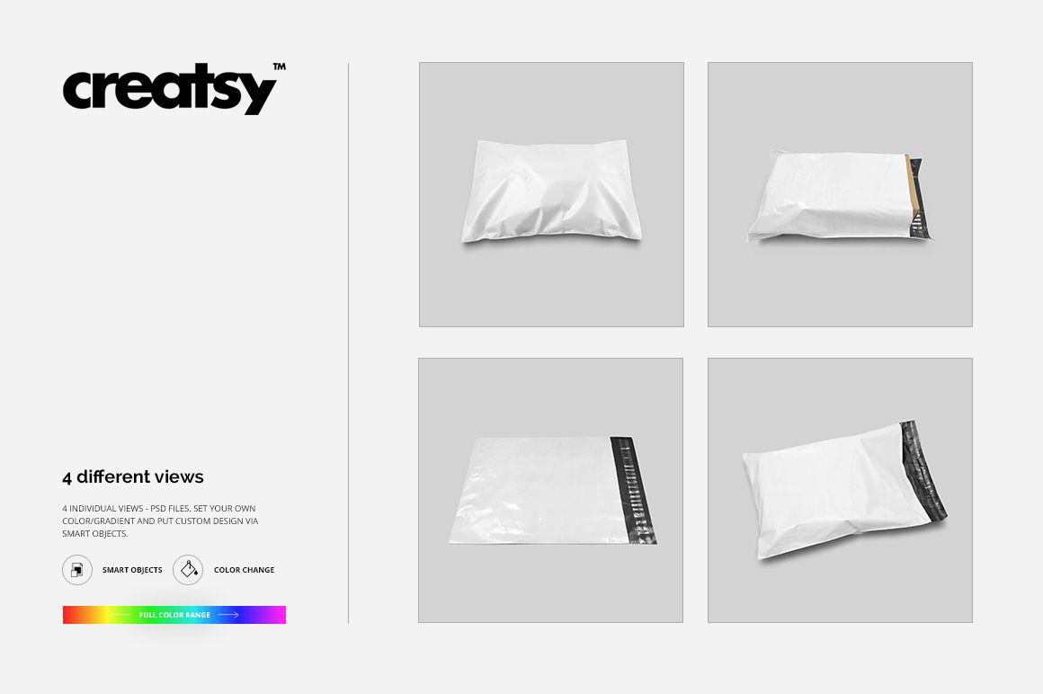 Mailing bag mockup set showing four white poly mailers with black sealing strips, displayed from various angles on a light background.
