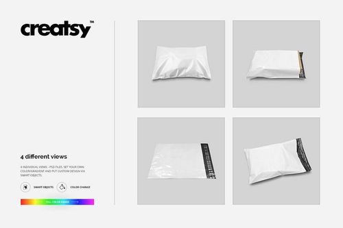 Mailing bag mockup set showing four white poly mailers with black sealing strips, displayed from various angles on a light background.