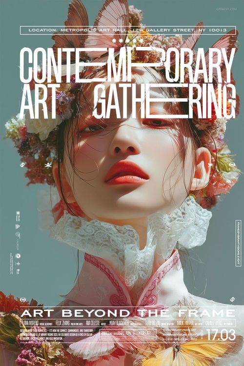 Front view of a contemporary art poster mockup with flowers and intricate costume details, white text overlay.