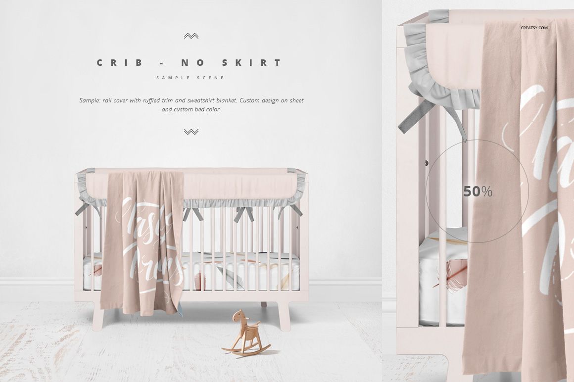 Crib bedding mockup showing pale pink and gray linens, blanket on rail, and minimal nursery decor with white walls.