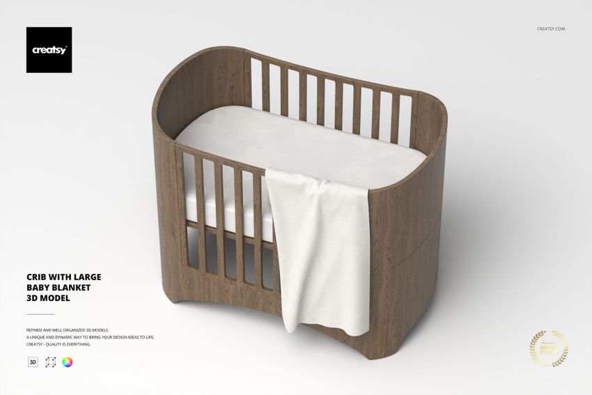 Wooden crib with rounded edges and vertical slats, featuring a large white baby blanket draped over the side.