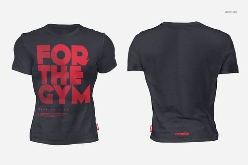 PSD mockup showing a dark crew neck t-shirt with large red lettering, displayed on a muscular man against a white background.