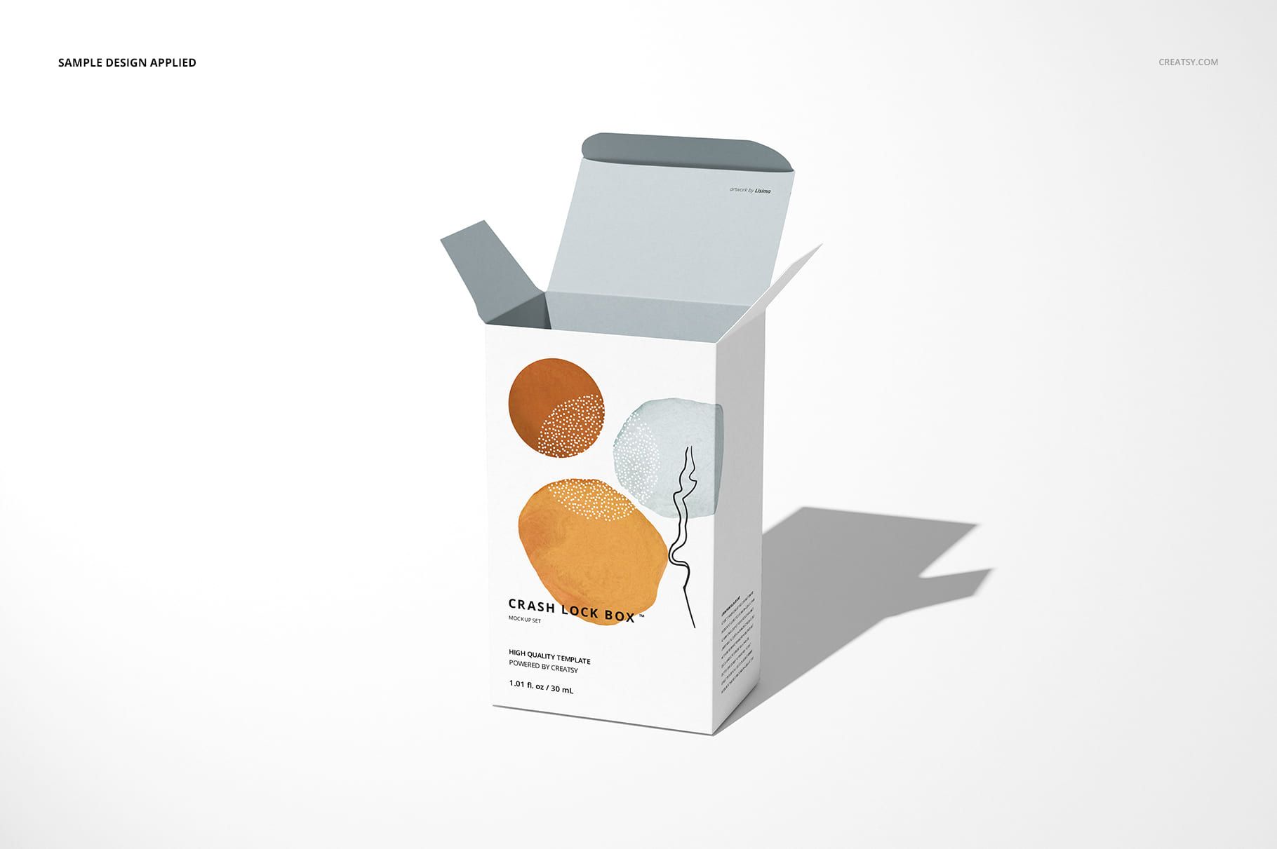 Front perspective of a tuck top crash lock box mockup, open lid, white surface, abstract circular patterns in orange and gray.