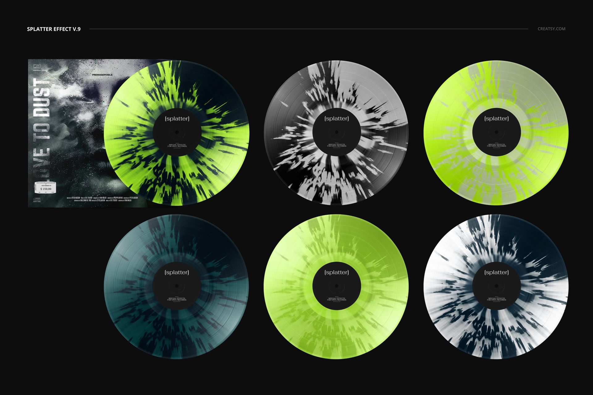 Front view of six vinyl records with splatter effect designs in green, black, and gray, next to a matching cover mockup.