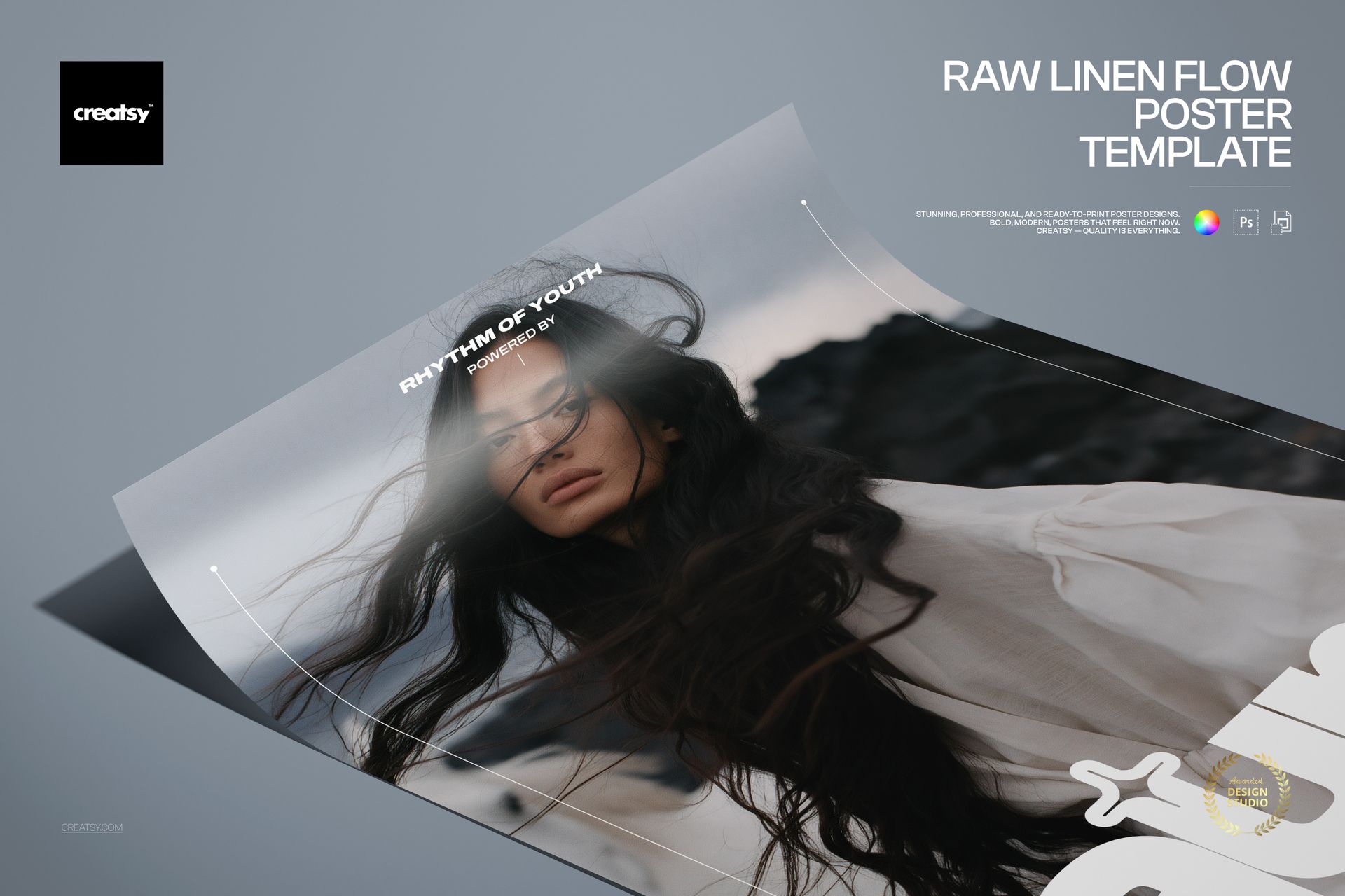 Front view of a poster mockup featuring a portrait of a woman with long hair, set against a neutral background.