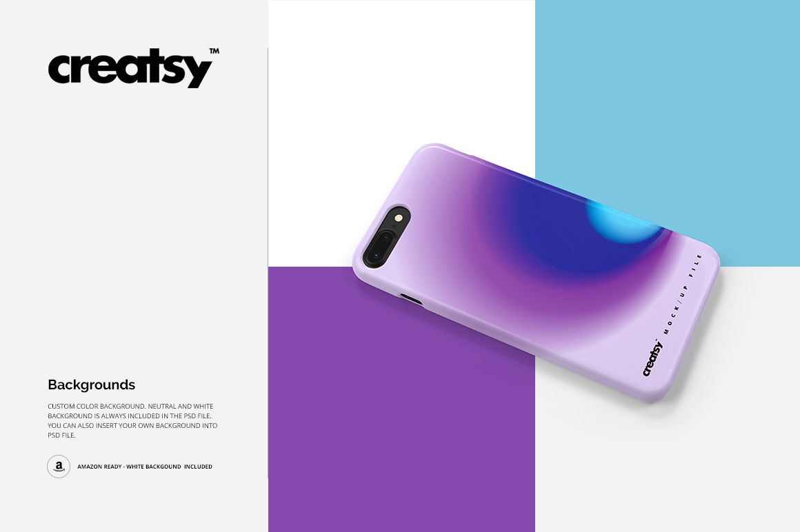 PSD mockup of an iPhone 7+ or 8+ case with a vibrant purple-blue gradient, shown on a geometric pastel background.