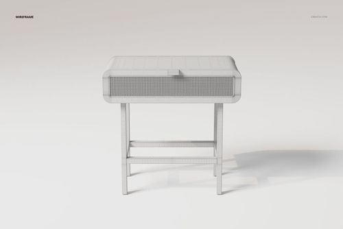 Front view of a rattan dressing table 3D model in wireframe style, featuring rectangular shape and mesh details.