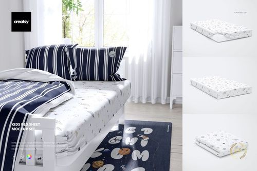 Mockup of a kids bed with a patterned white sheet, striped pillows, and a navy rug in a sunlit room.