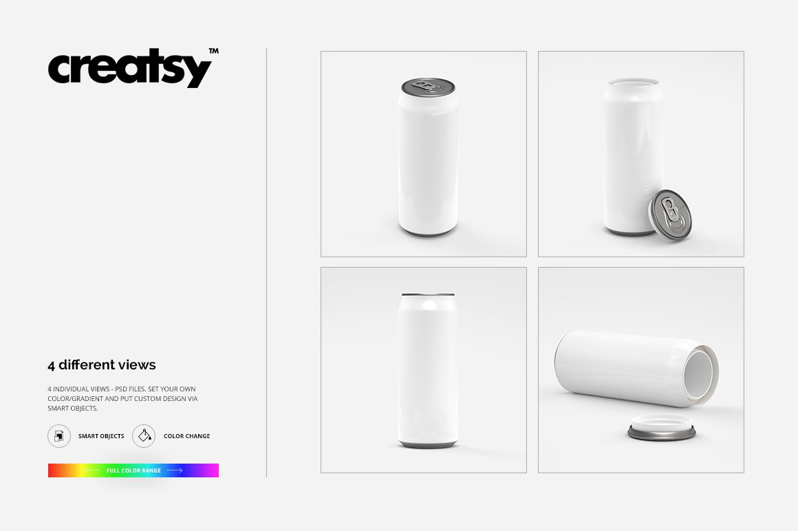 Tall can mockup set showing four views of a plain white aluminum can, including upright, top-down, and horizontal angles.