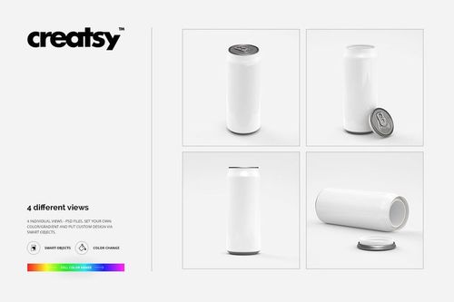 Tall can mockup set showing four views of a plain white aluminum can, including upright, top-down, and horizontal angles.