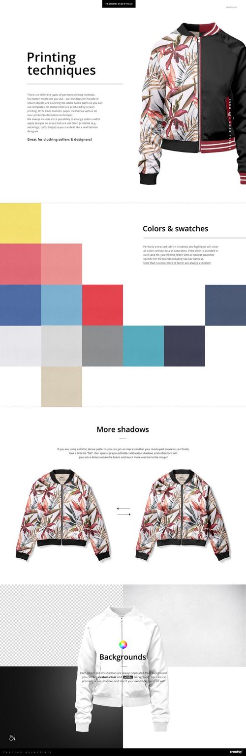 Women's bomber jacket mockup featuring a front view, with one half in solid black and the other in a colorful leaf pattern.