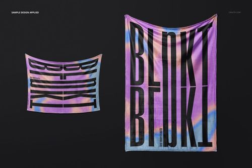 Mockup showing two fleece blankets, one folded and one spread out, with black typography and soft pink, blue, and orange hues.