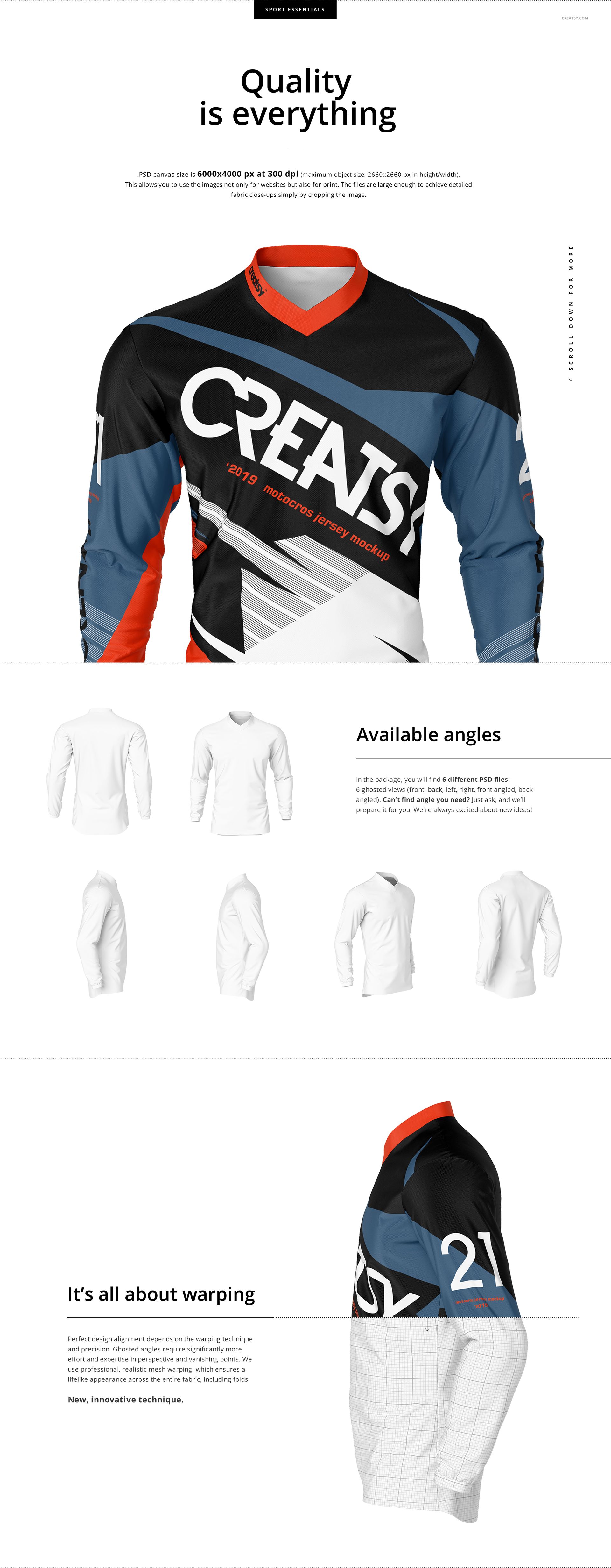 Motocross jersey mockup featuring a long-sleeve shirt with geometric patterns in black, blue, white, and red, shown from the front.