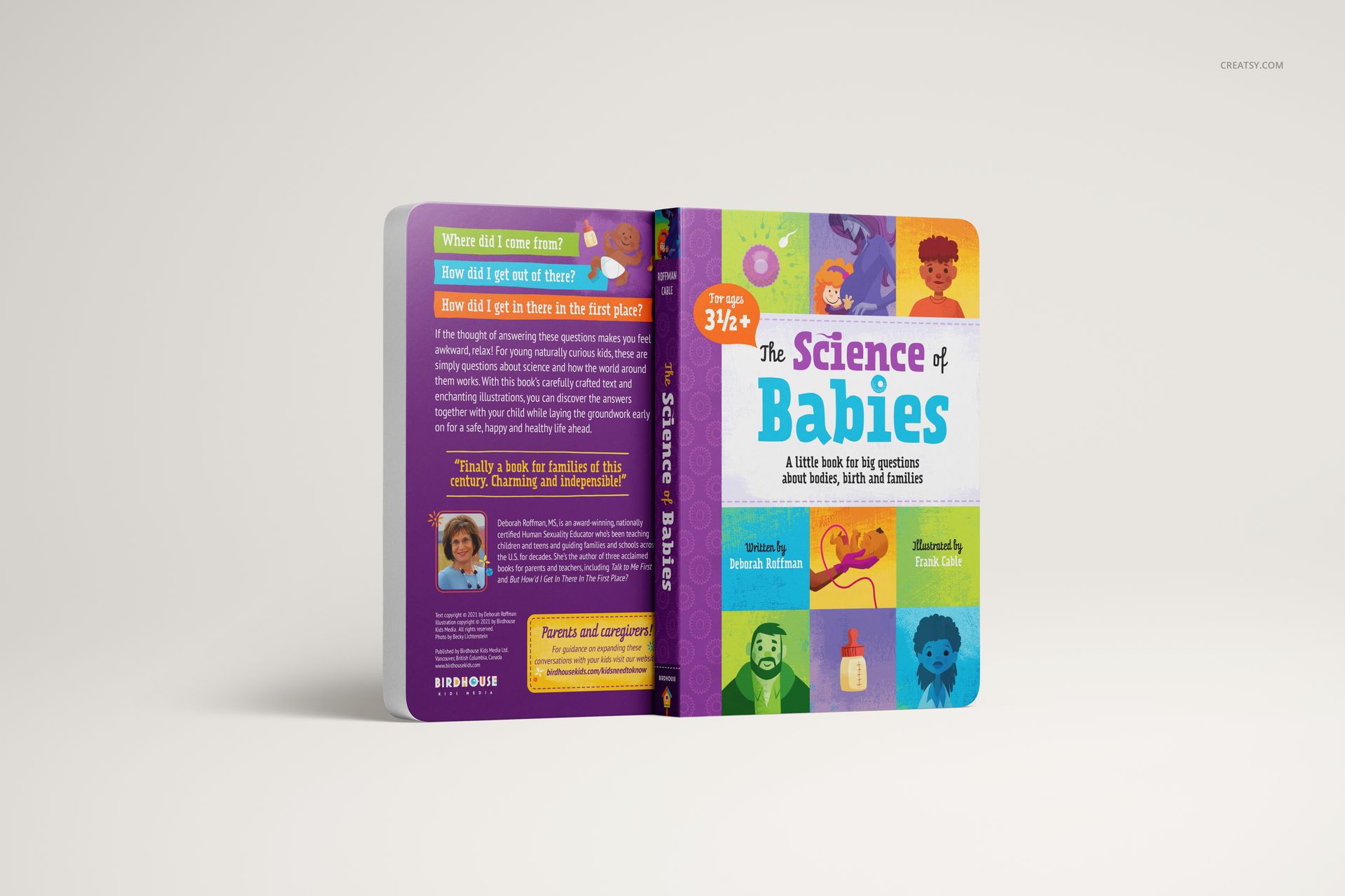 Board book mockup set featuring an open book with colorful cover and spine, shown from a front angle on a plain background.