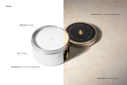 Candle tin mockup with cotton wick, split view showing open candle and closed lid with black and gold label design.