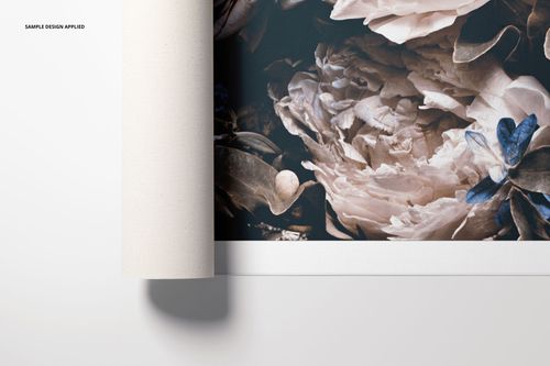 Rolled canvas print mockup featuring a close-up of a partially unrolled floral artwork with neutral and blue tones.